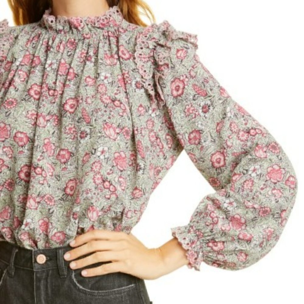 Rebecca Taylor Camila Floral Shirred Blouse in Soft Mint Combo - La Vie